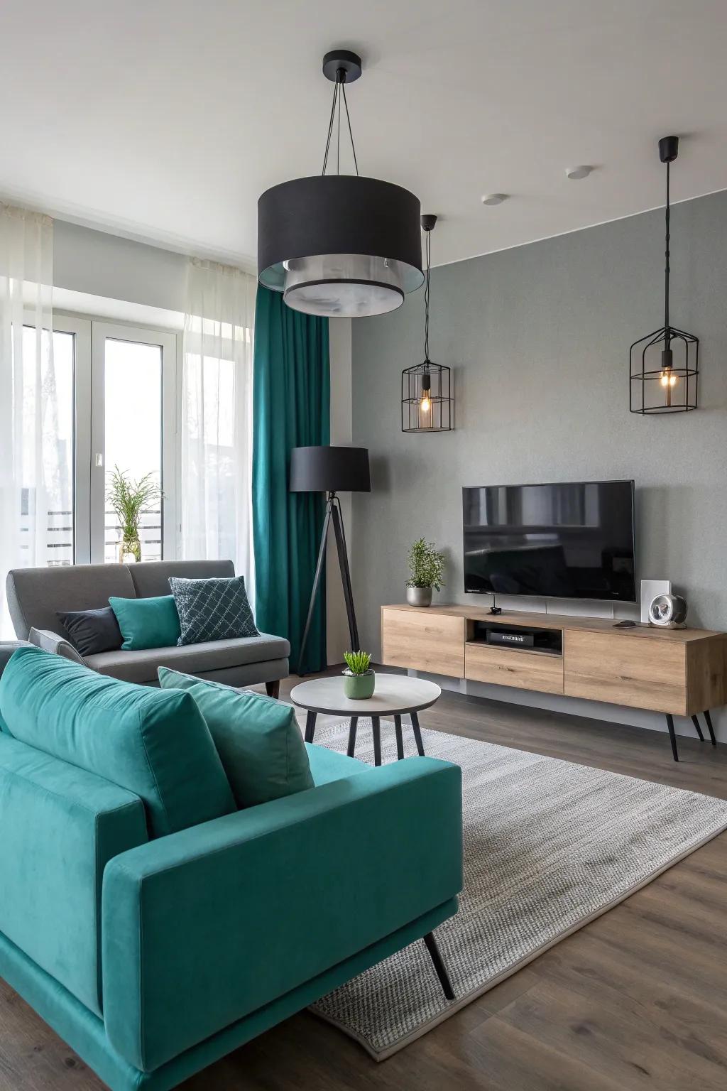 Teal and charcoal gray create a sleek and sophisticated living room.