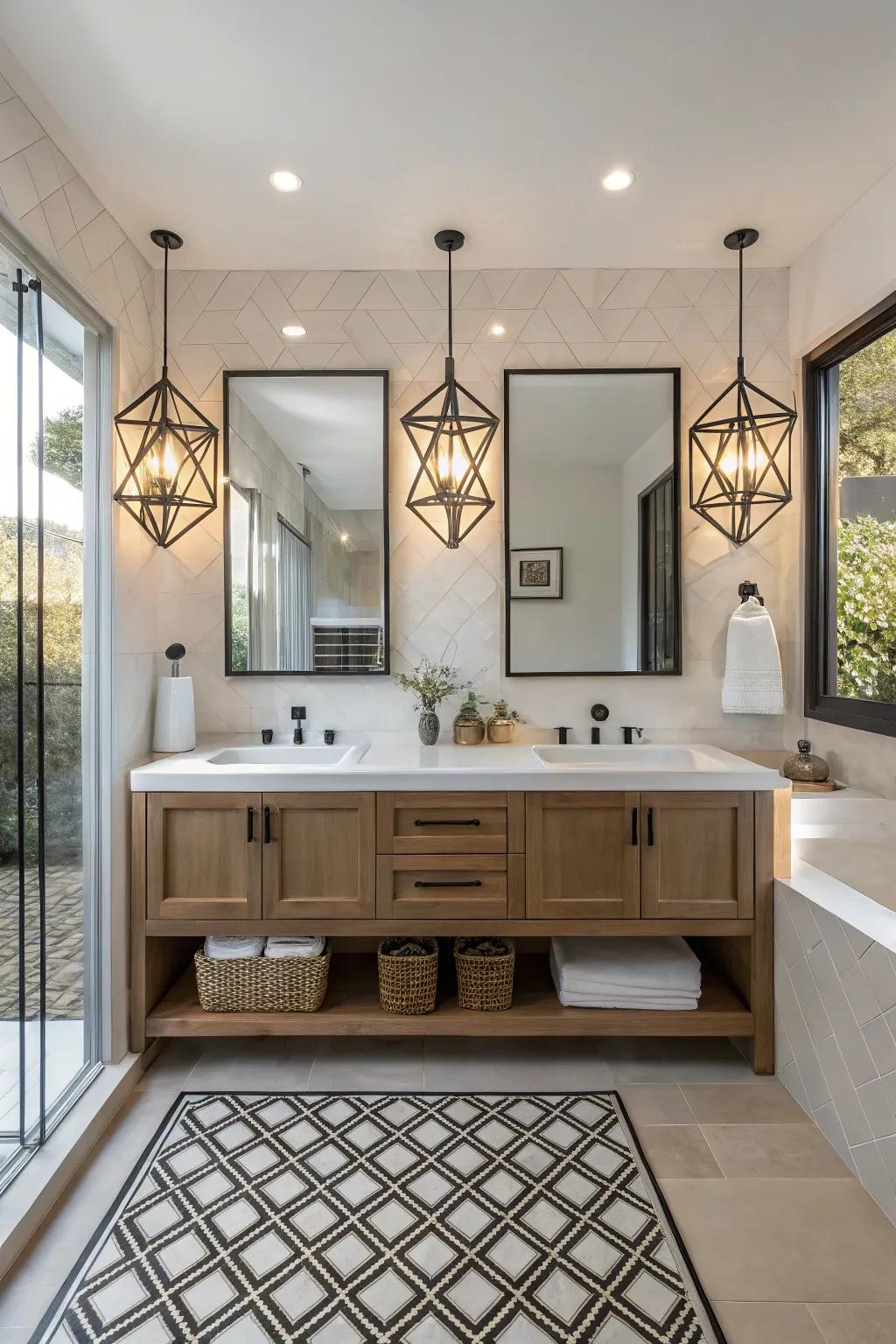 Geometric designs make a bold statement in modern bathrooms.