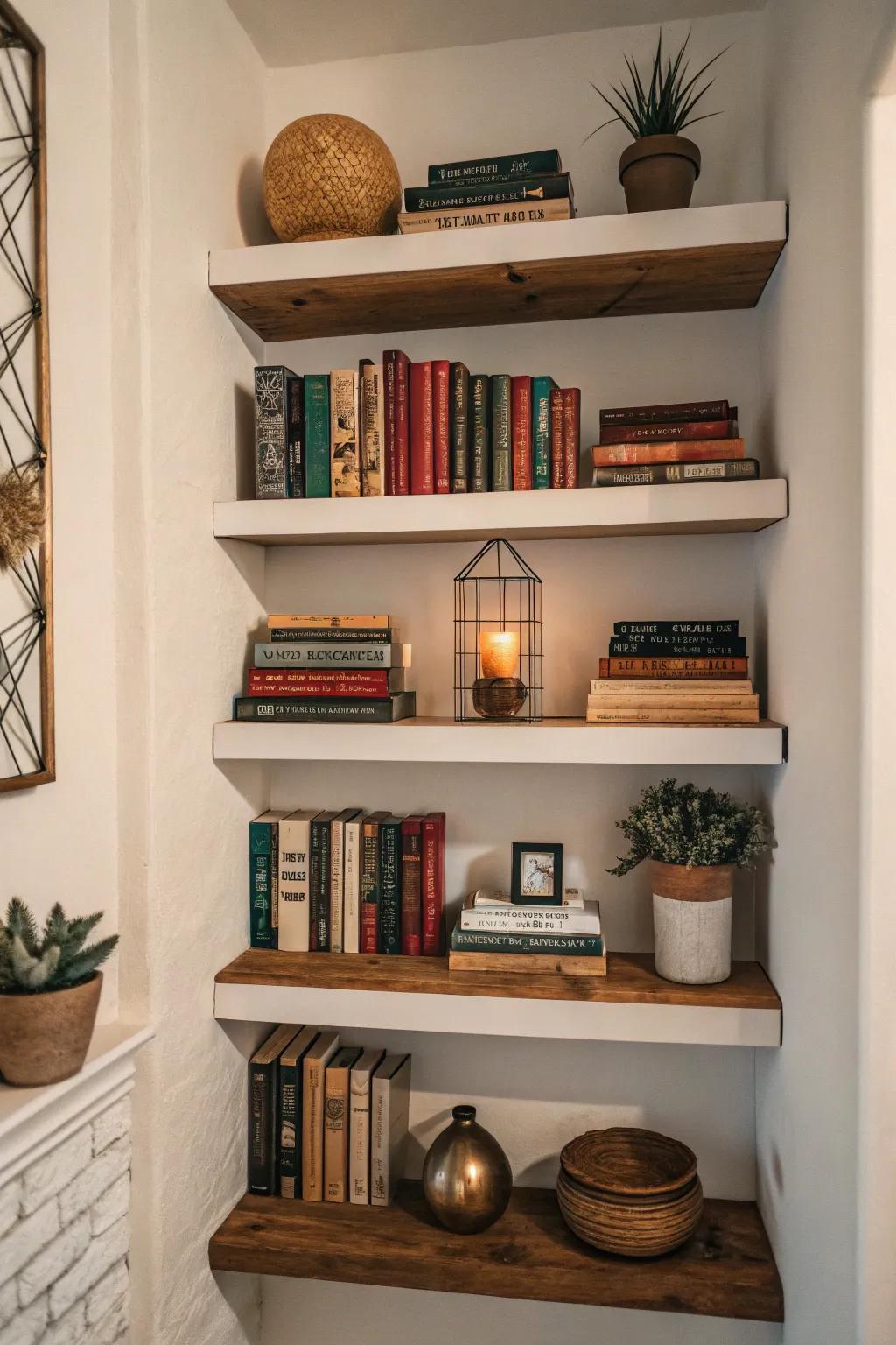 A wall niche with floating shelves elegantly shows off books and decorations.