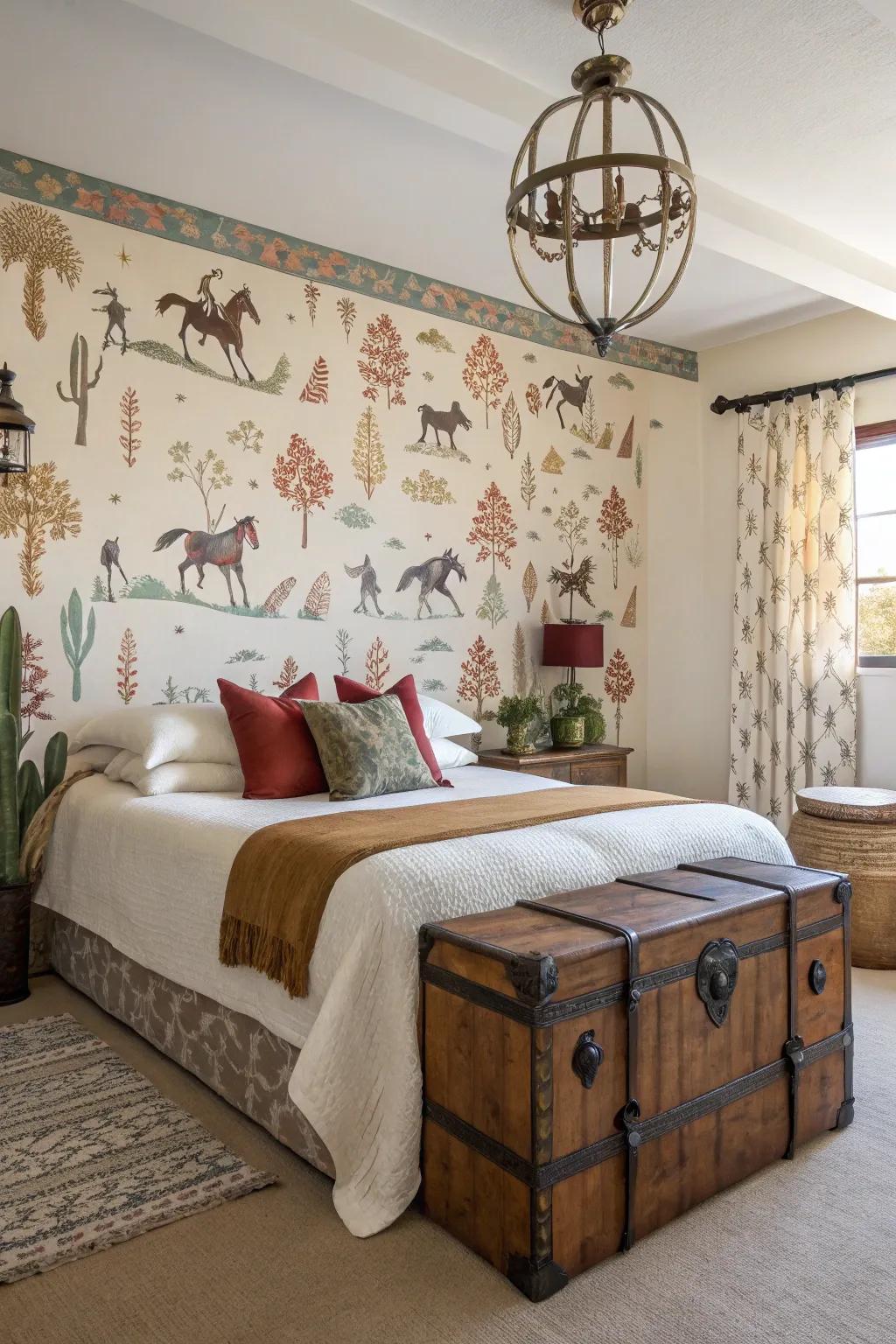Western-themed wall covering creates a striking design statement.