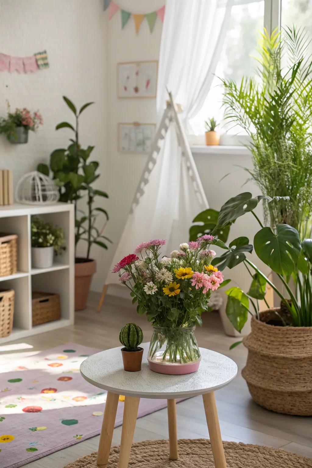 Nature-inspired decor introduces a calming touch to the space.