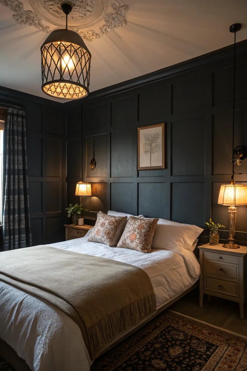 A bedroom featuring dark walls and light bedding.