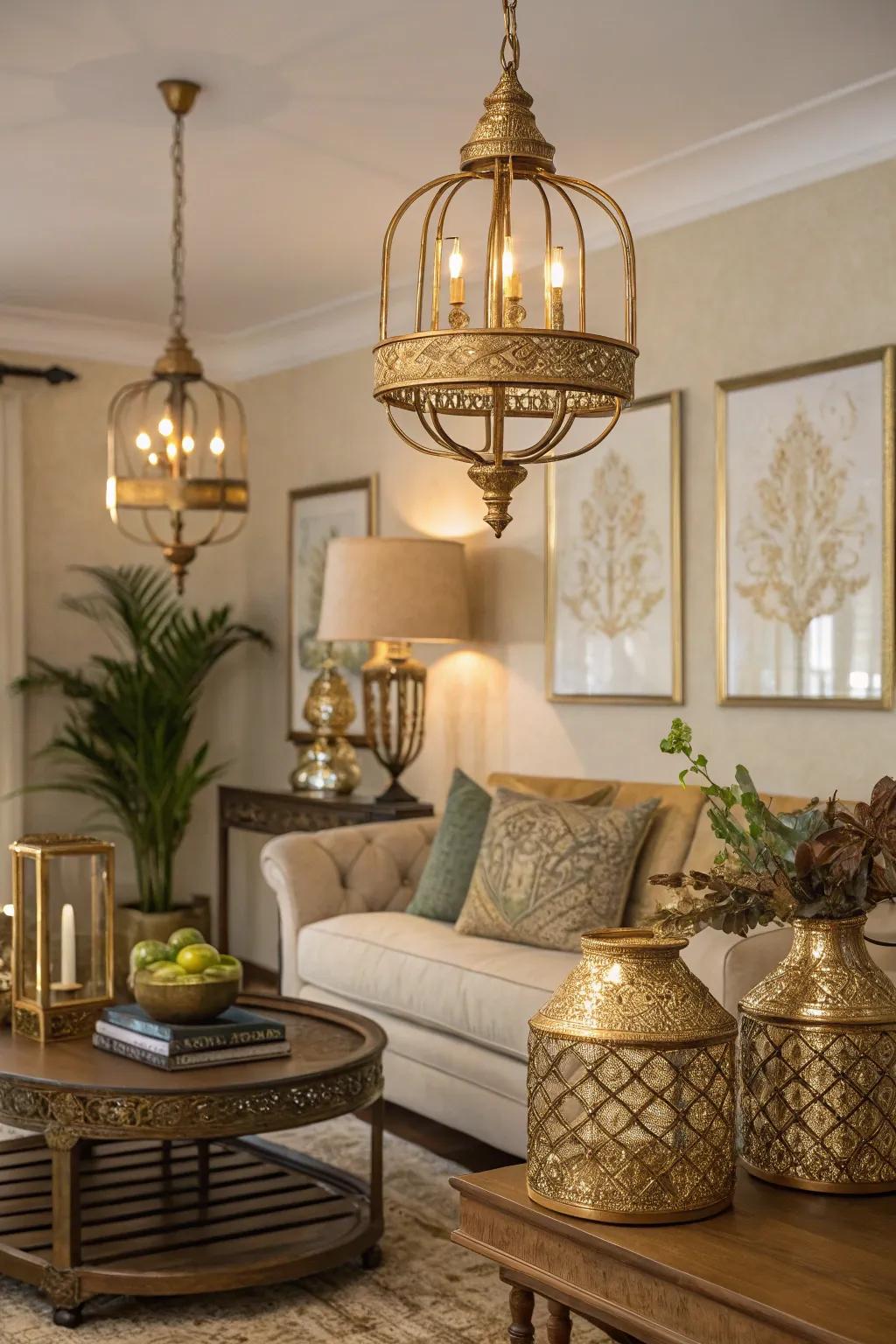 Metallic elements adding elegance to an atmospheric living space.