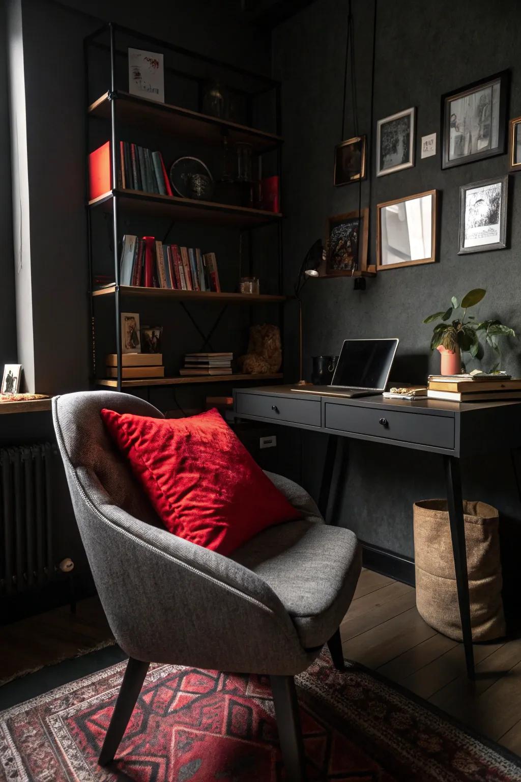 A bold accent adds a surprising twist to the sophisticated office.