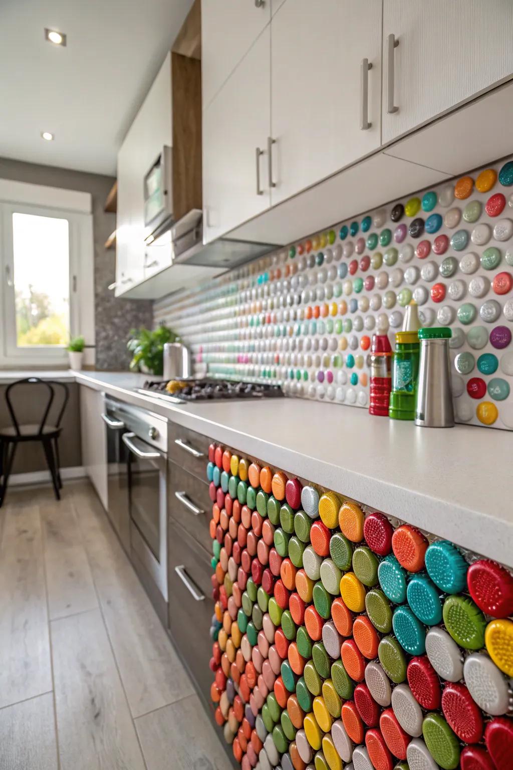 Bottle tops create a fun and dynamic mosaic pattern.