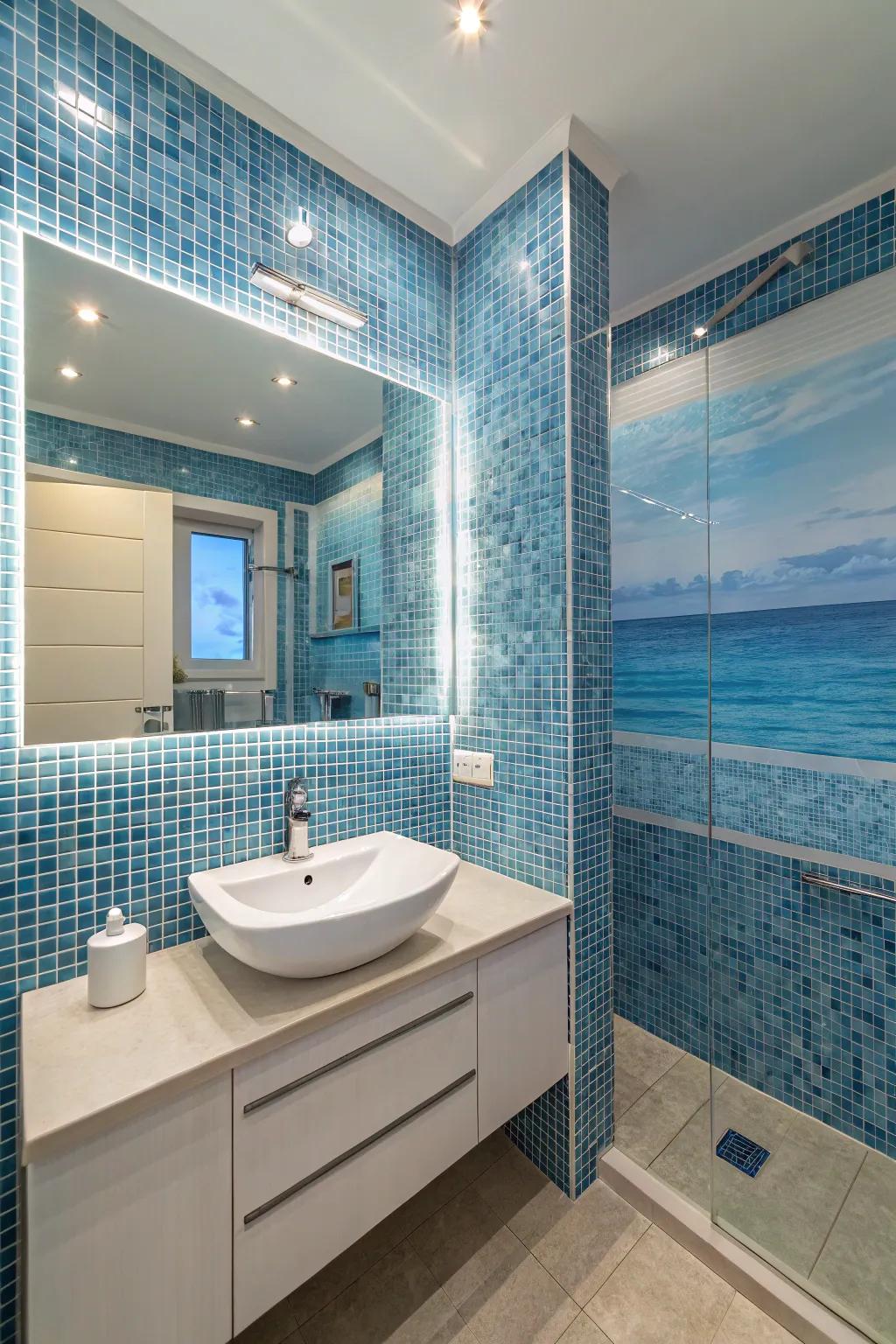 Evoke the calm of the sea using soothing blue mosaic tiles.