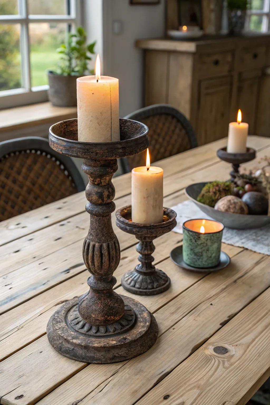 Rustic candle holders enriching the table setting.