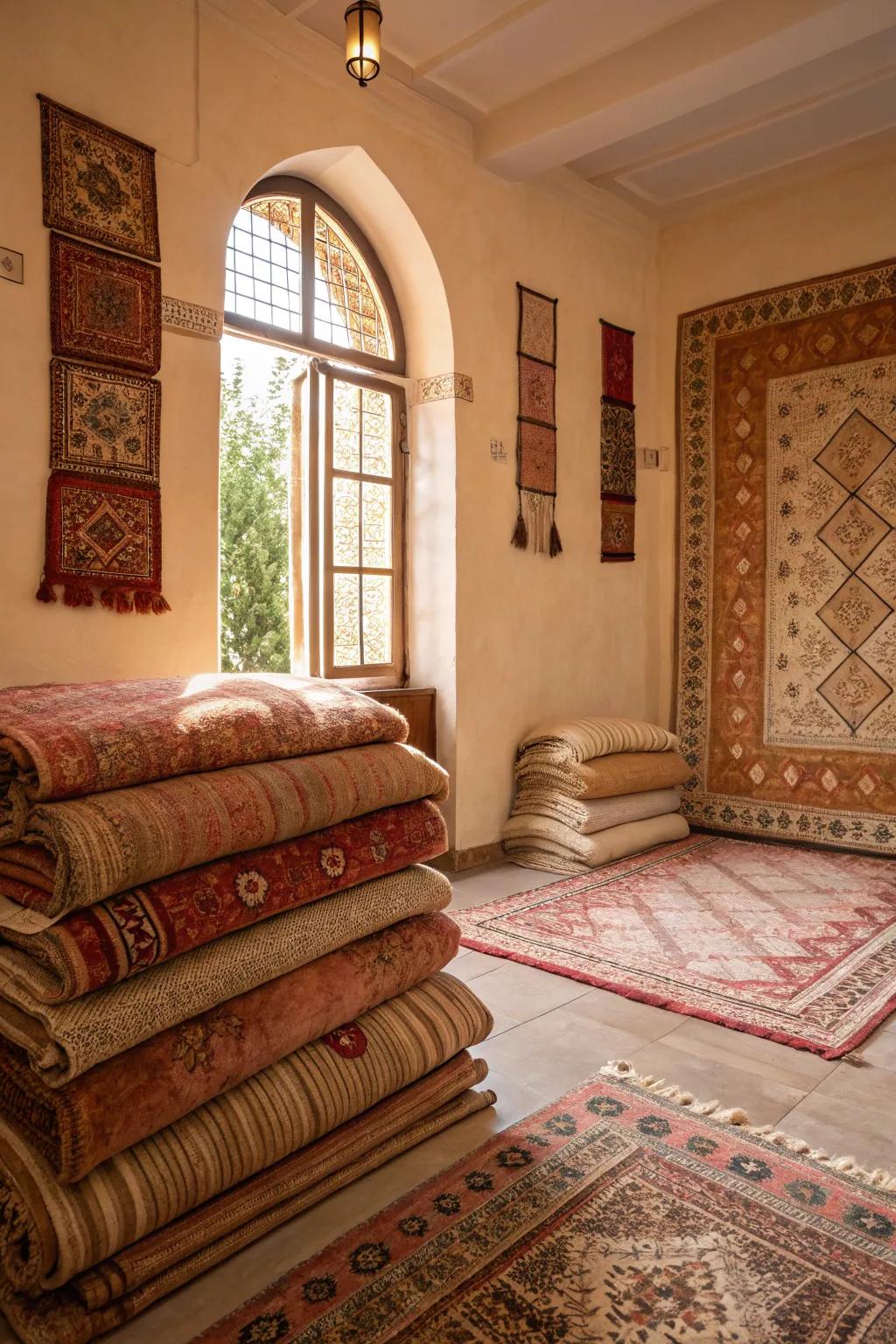 A comfortable space featuring layered ground rugs for enhanced warmth.