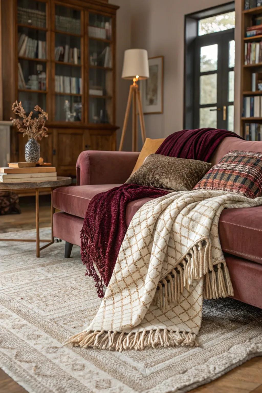 Combining different fabrics enhances the room's cozy character.