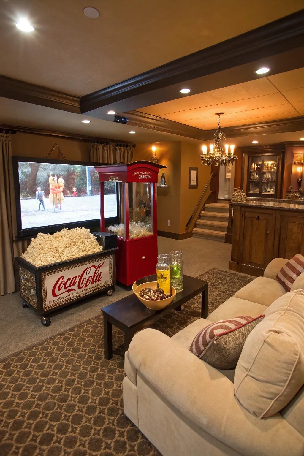 A concessions area introduces an amusing aspect to movie evenings.