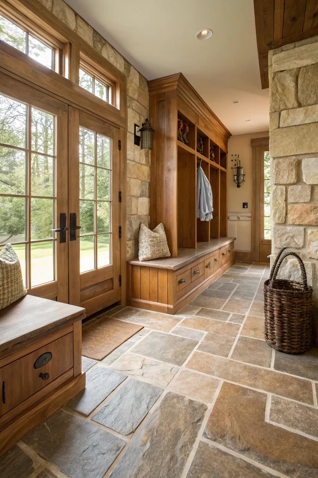 Natural rock tiles bringing timeless appeal to a mudroom
