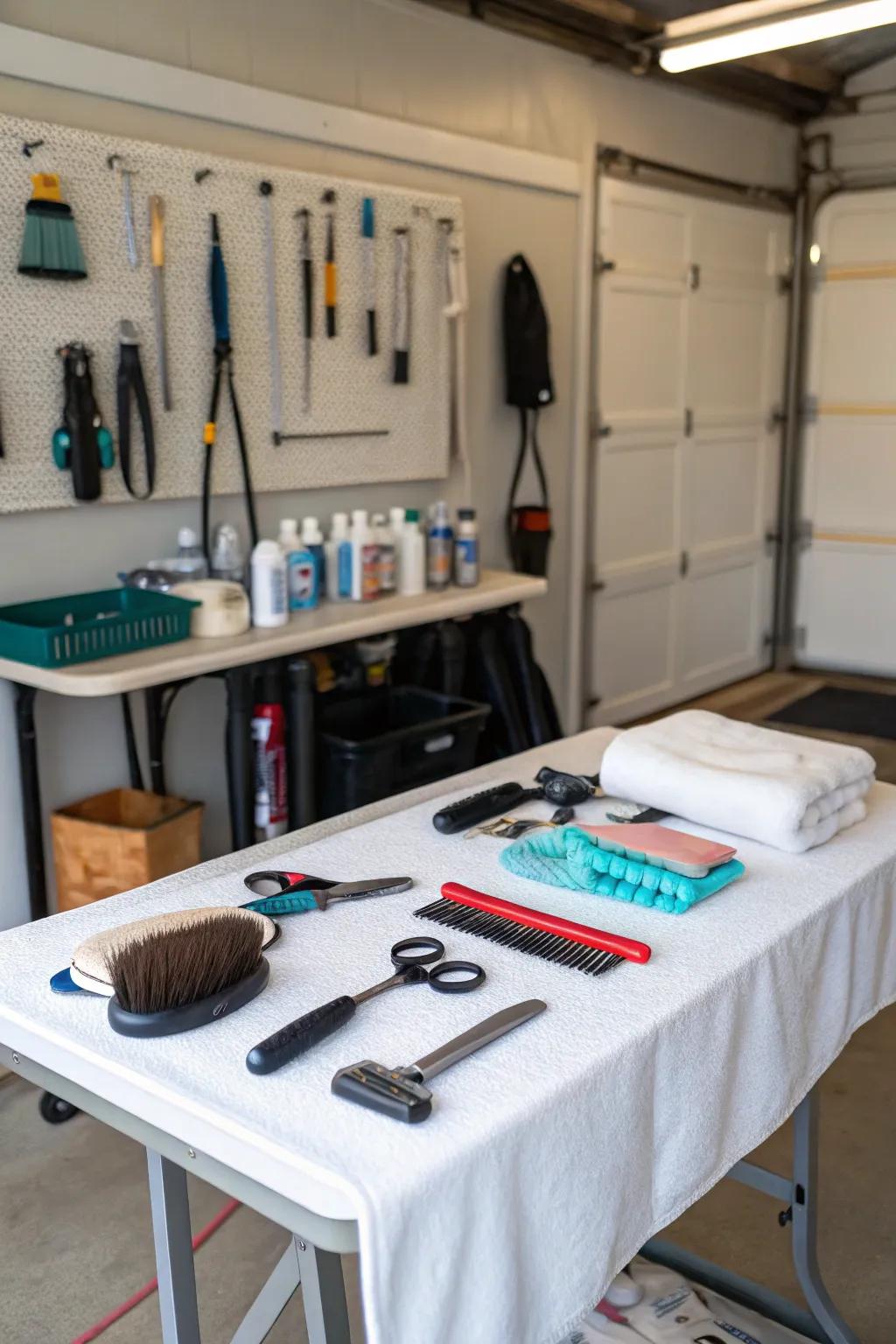 A pet grooming station set up in a garage.