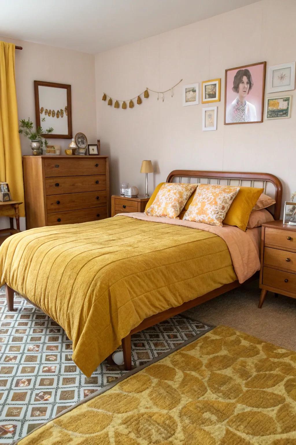 A retro-inspired bedroom with mid-century touches and goldenrod highlights.
