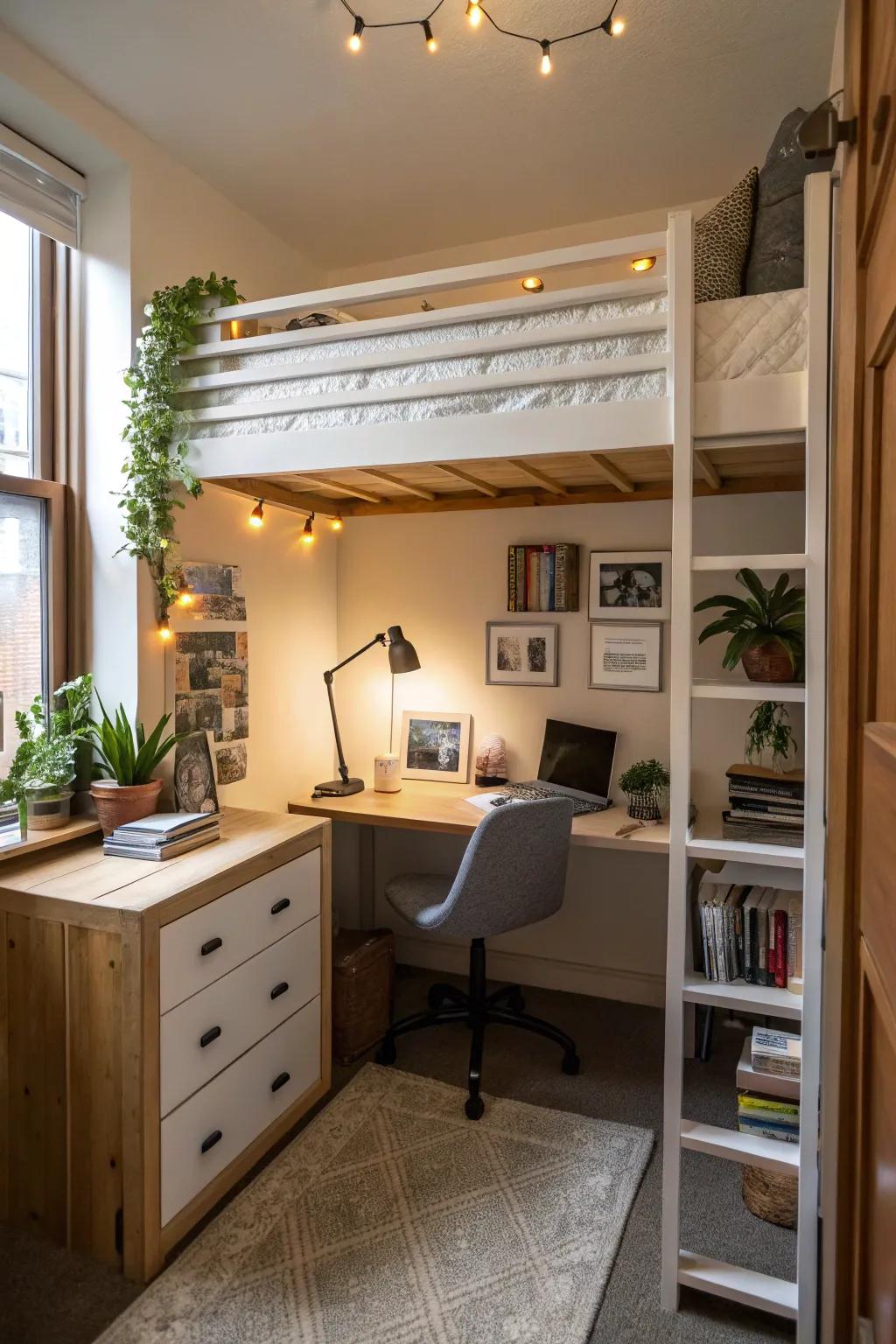 A bunk maximizing area using a functional space beneath in a slender bedroom.