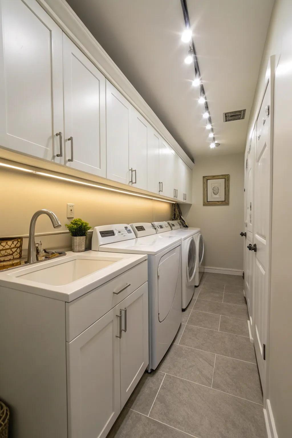 Under-cabinet lighting creates a warm and inviting atmosphere while enhancing task visibility.