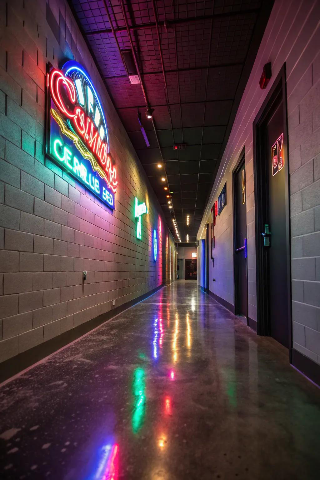 Neon illuminations instill a distinctive persona into constricted hallways.