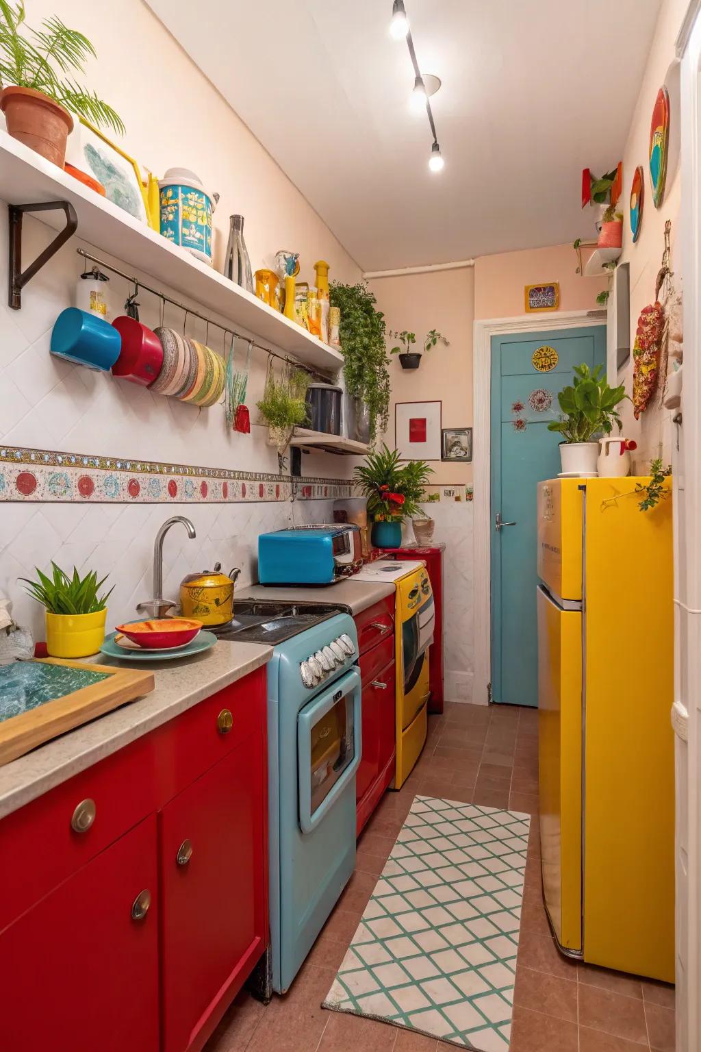 Color accents add character to a small kitchen.