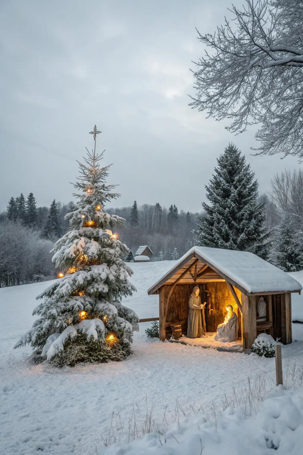 A snowy vista backdrop creates a serene winter wonderland.