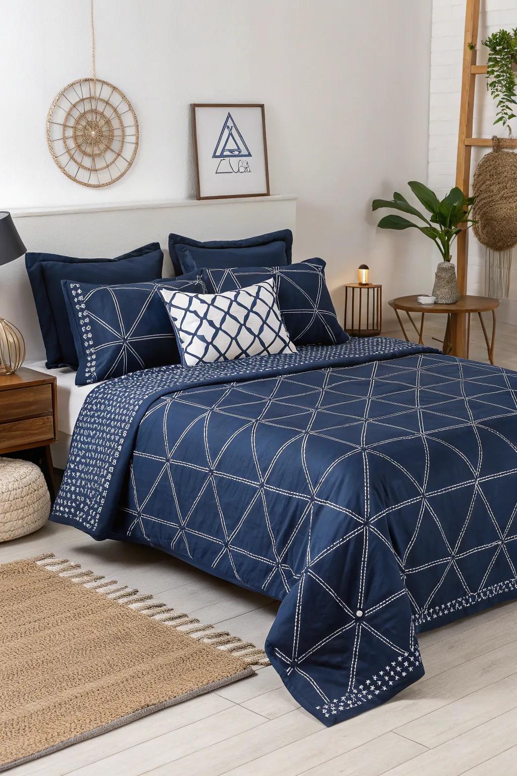 Incorporate a modern twist with dark blue bedding featuring geometric designs.