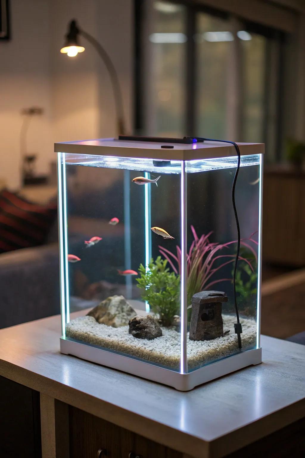 A simple approach using subtle fluorescent accents offers a contemporary aesthetic.