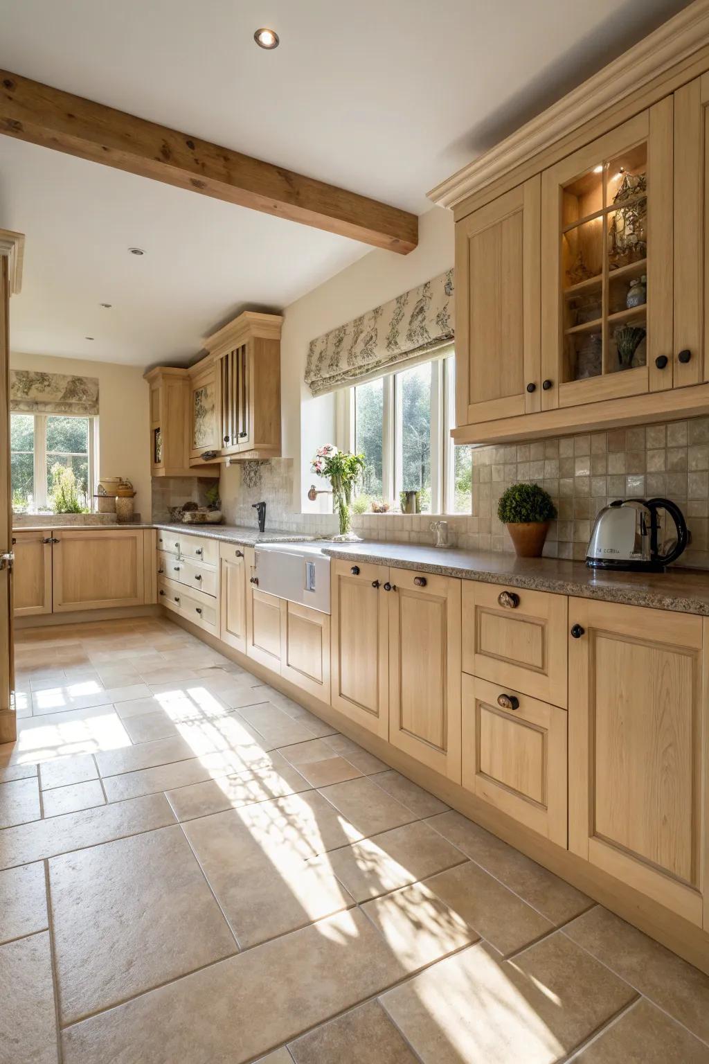 Wood and tile flooring adds texture to the kitchen's neutral palette.
