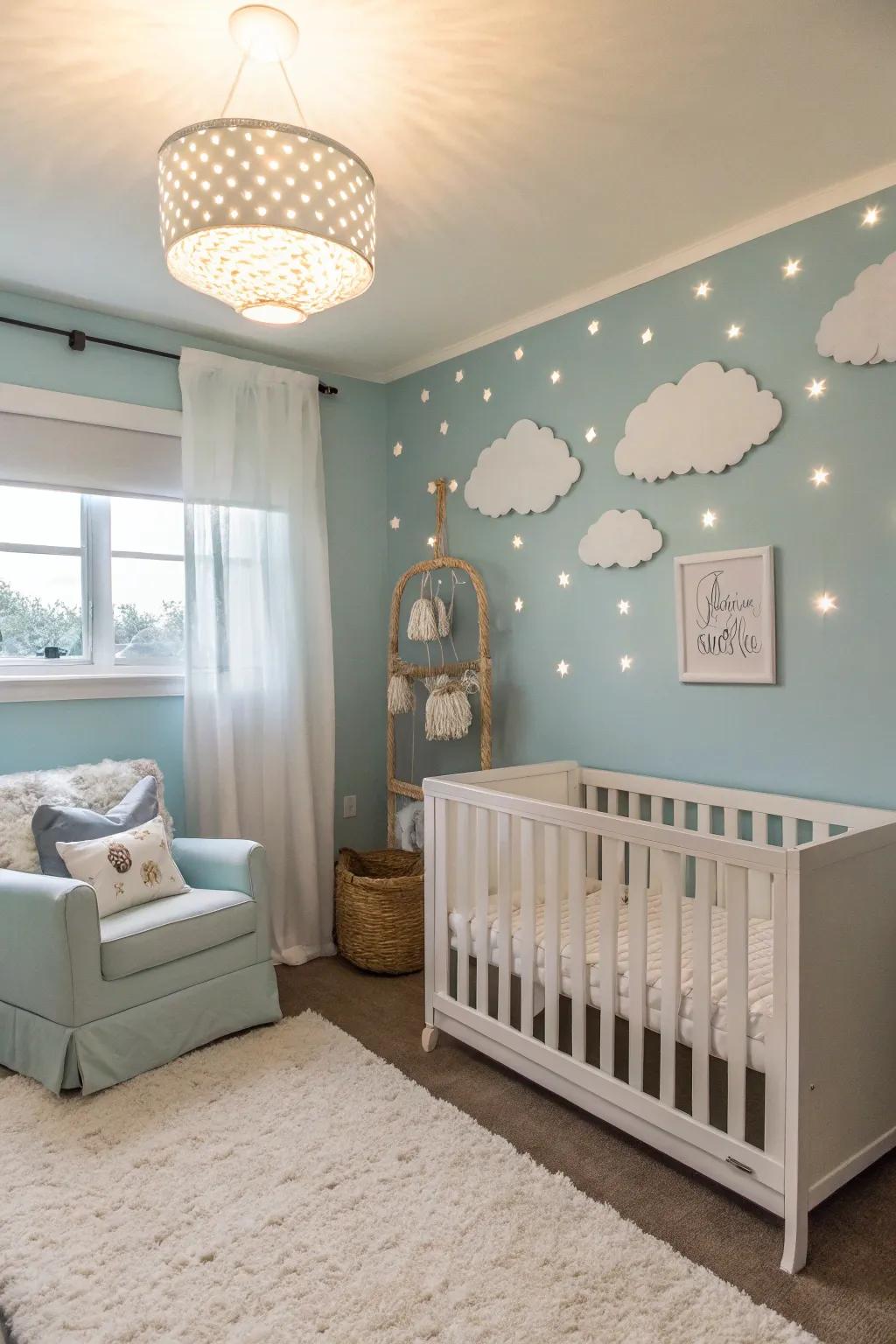 A nursery showcasing calming, ethereal sky azure tones.