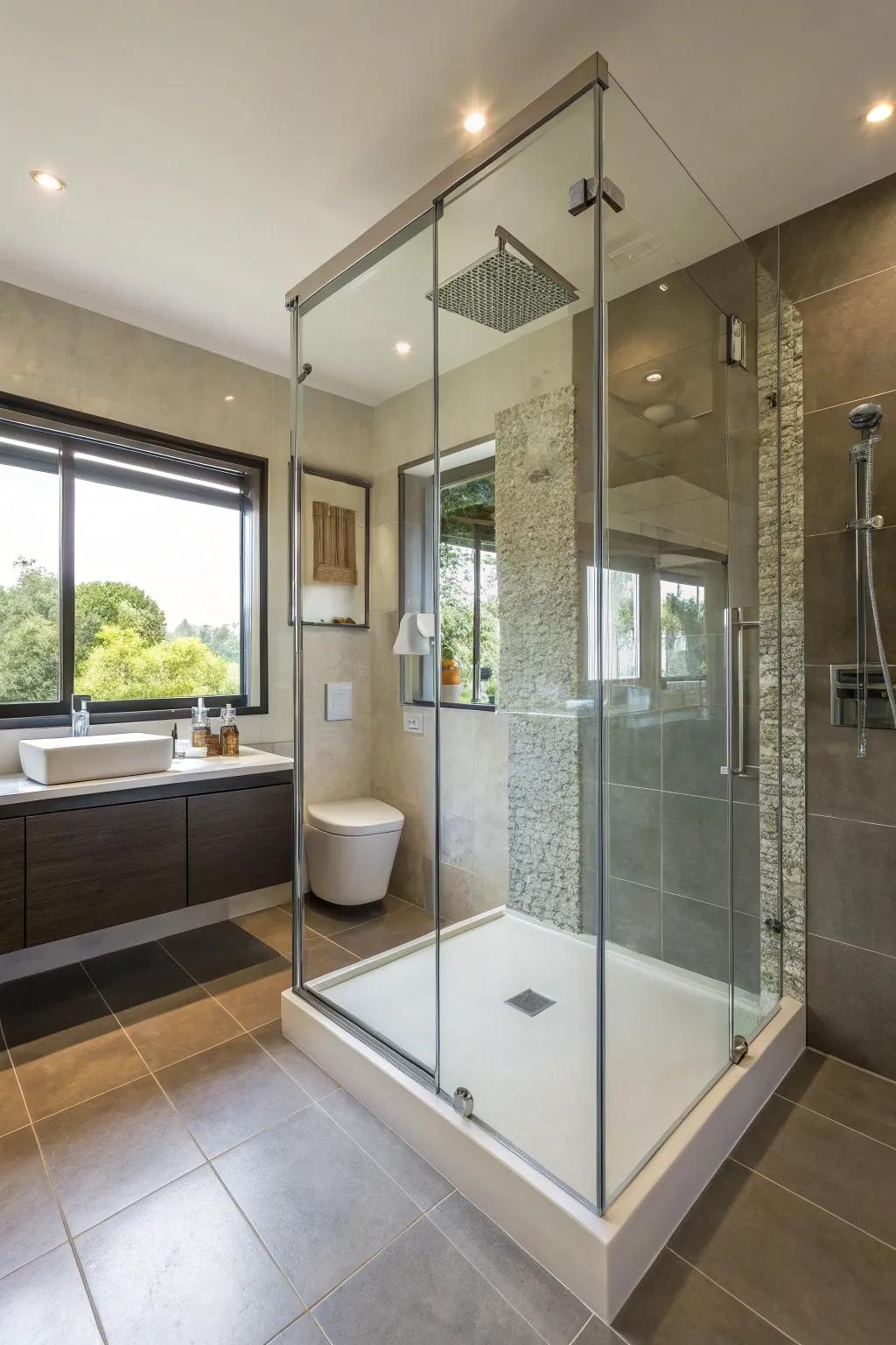 A sleek glass shower surround in a modern bathroom.
