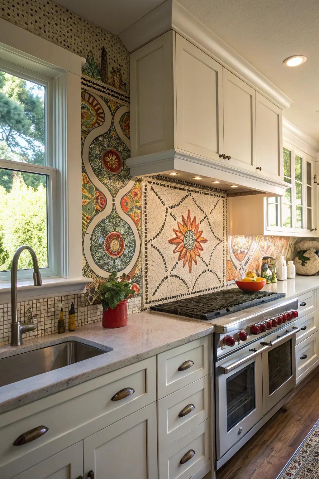 Small round tile backsplashes provide a fun and artistic touch to kitchens.
