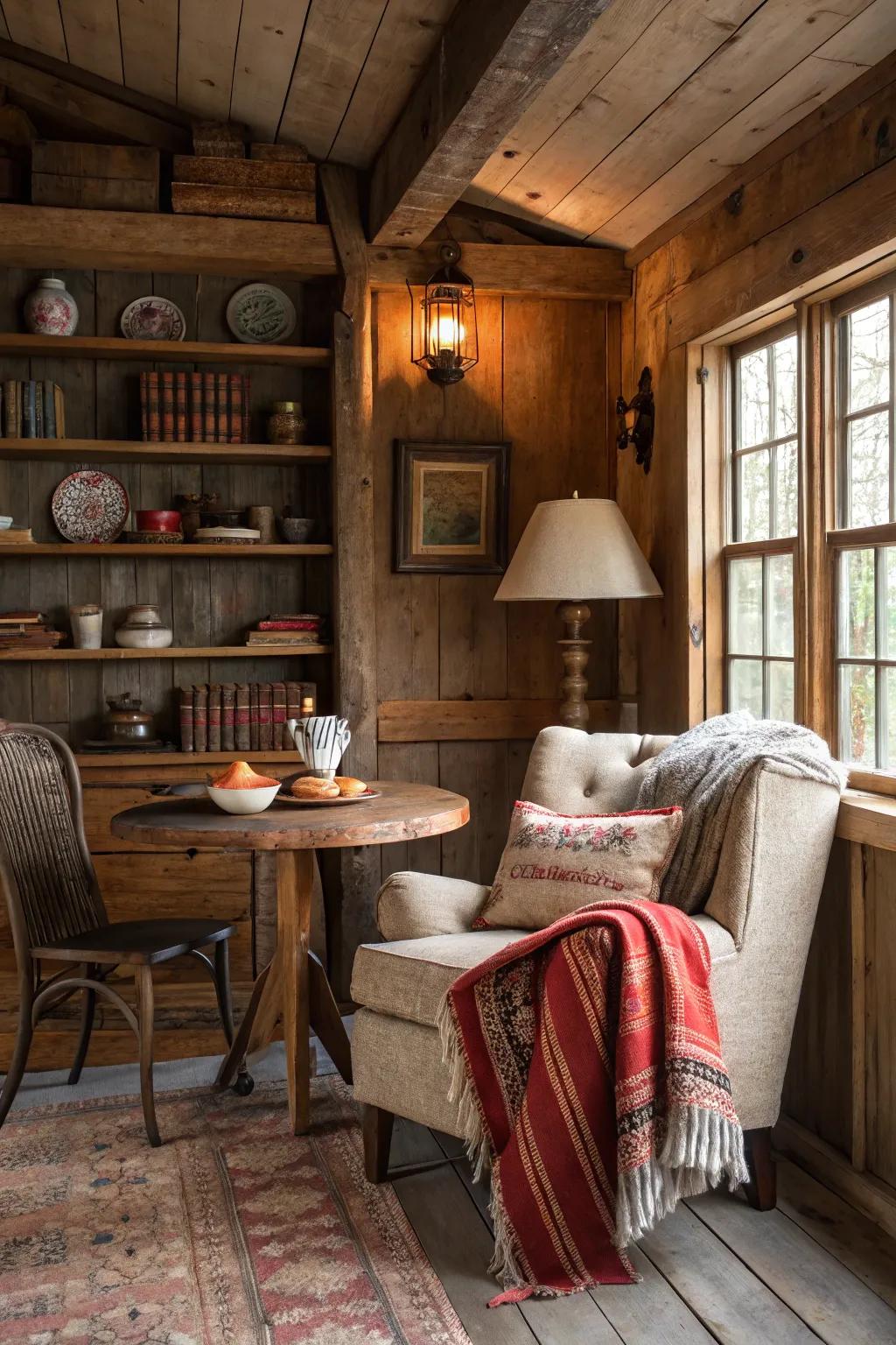 Capture rustic charm in your nook with farmhouse-inspired details and warm textures.