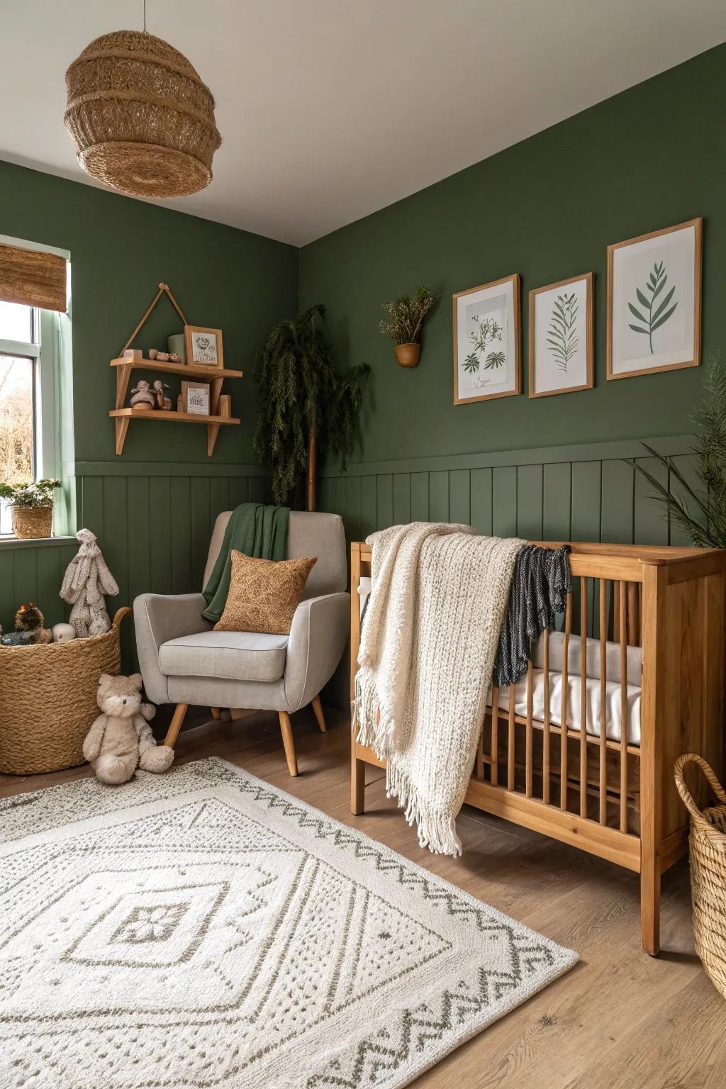 A nursery with deep forest green walls for added character.