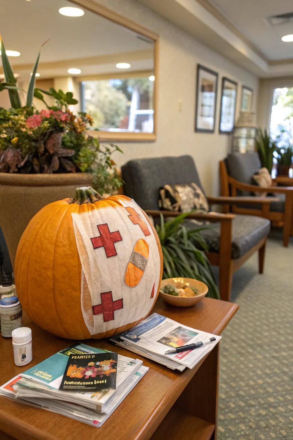 A pumpkin adorned with healthcare supplies gives a quirky touch.