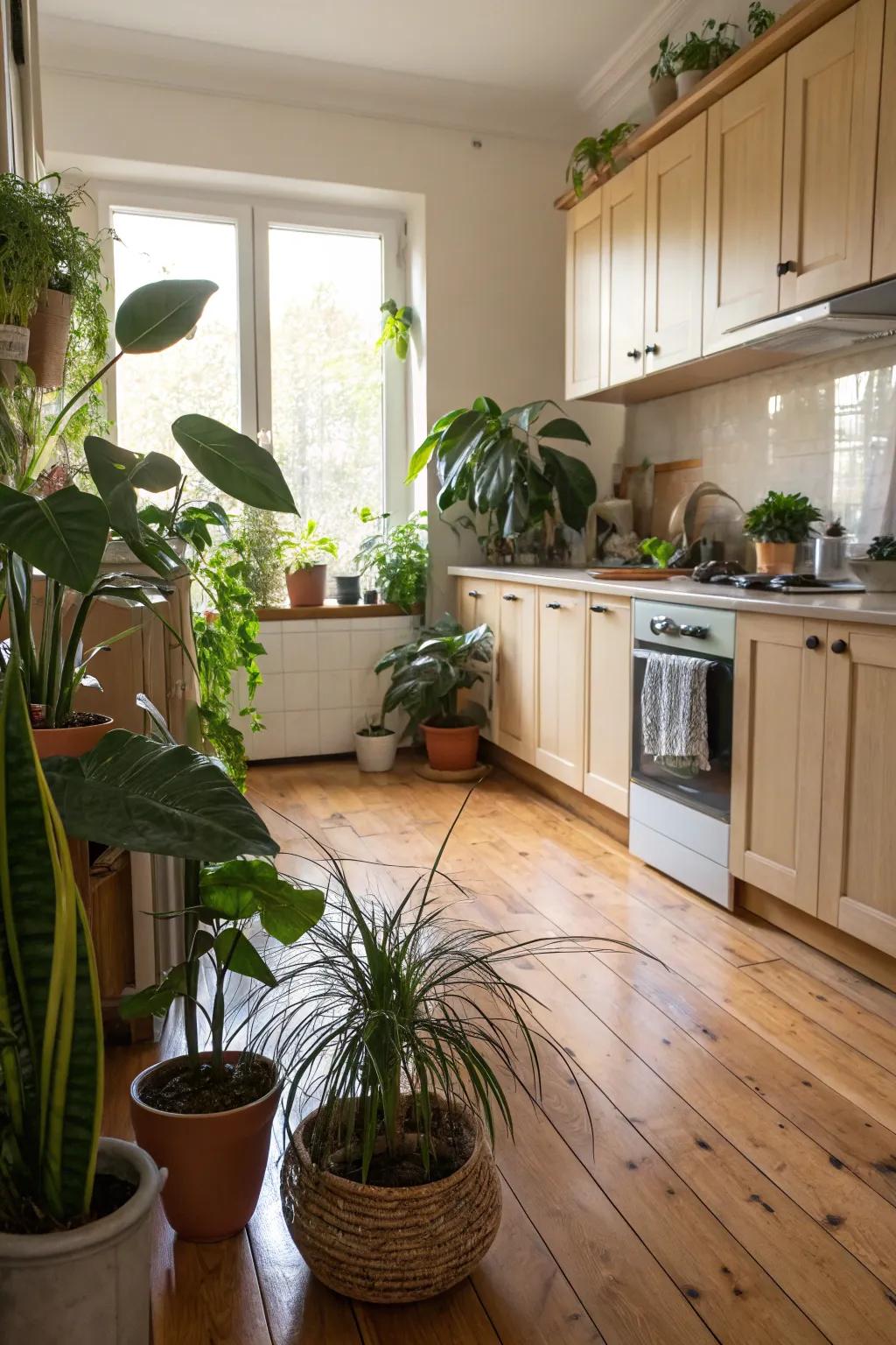 The vibrant touch of greenery in an oak floor kitchen.