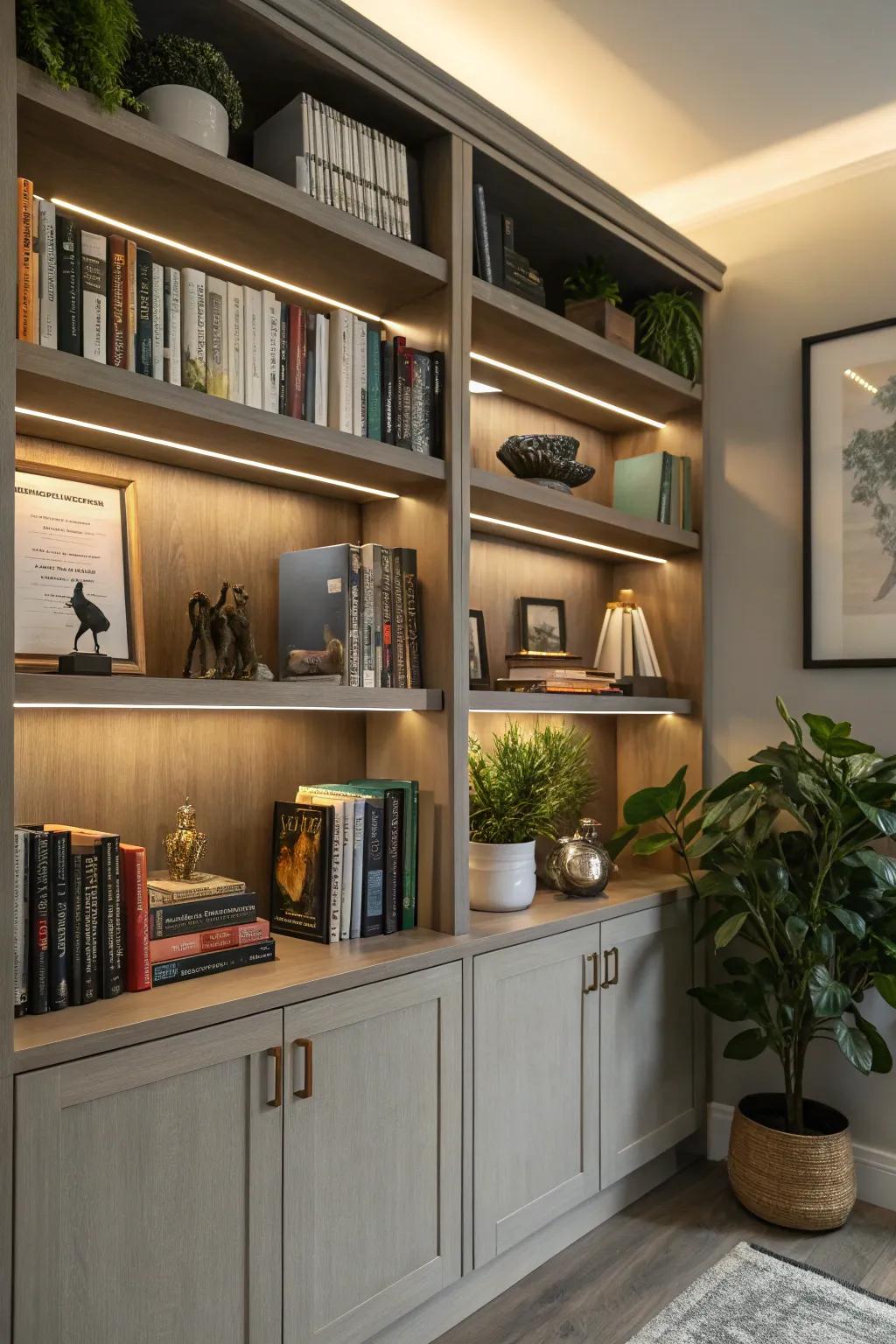 Illumination accents add warmth and focus to bookshelves.