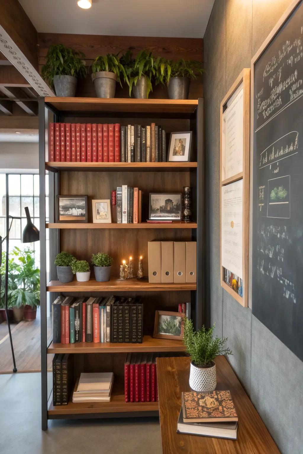 Enhance your shelves using a chalkboard backdrop.