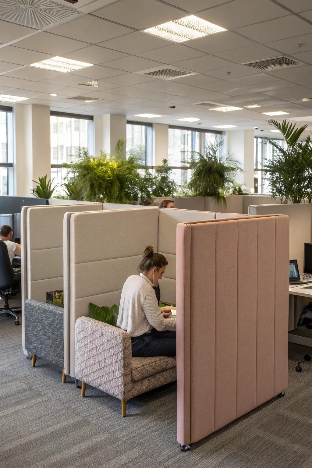 Fabric dividers introduce warmth and minimize noise in office environments.