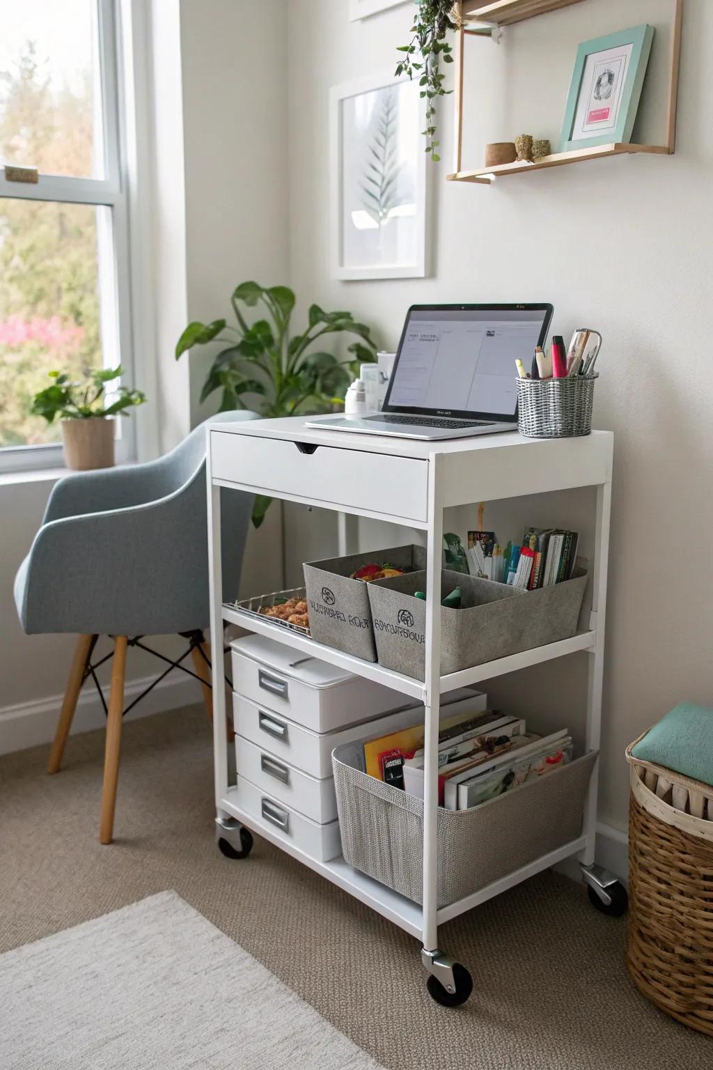 Maintain a flexible workspace with a mobile office cart.