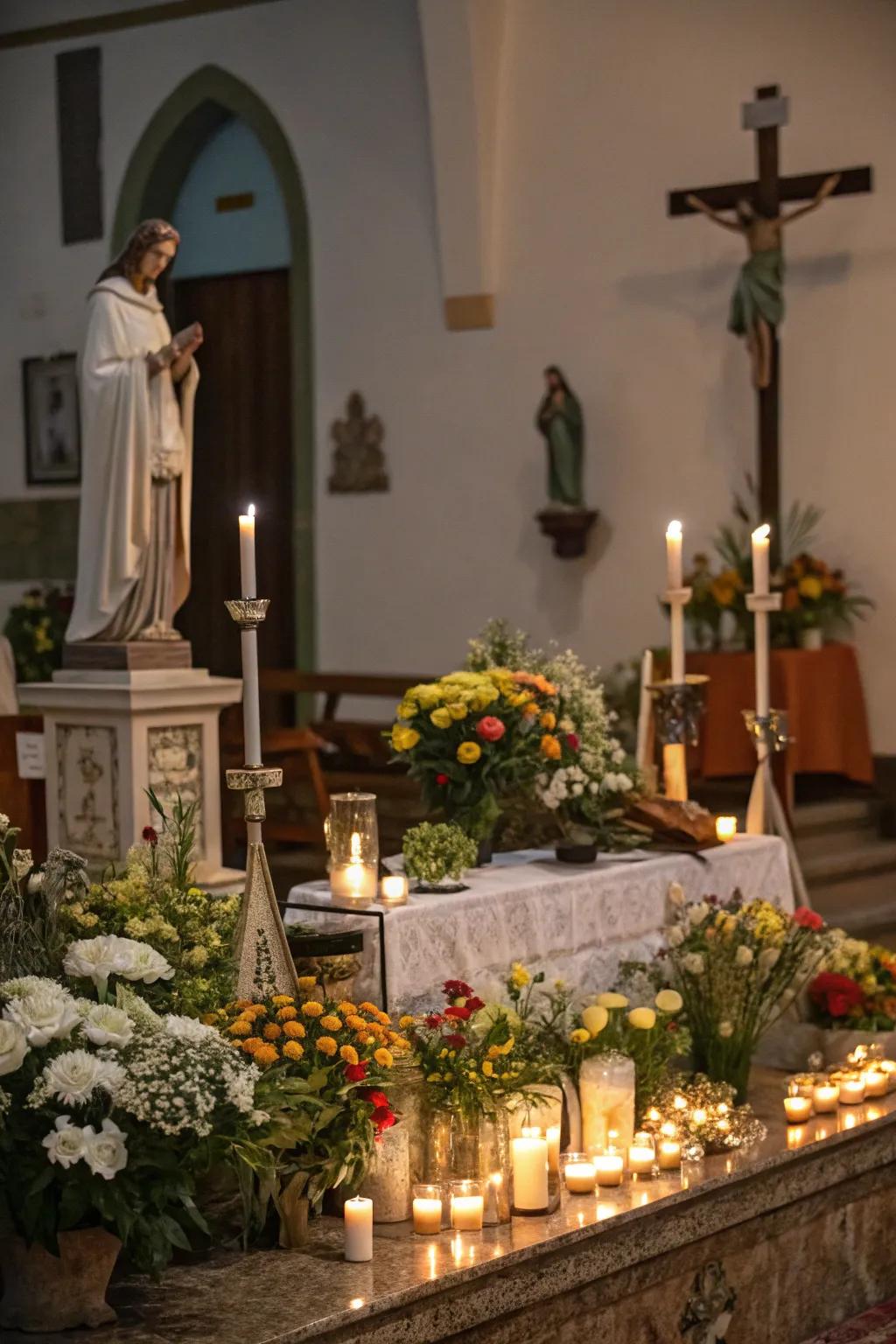 Religious symbols on the ofrenda reflect spiritual beliefs and bring peace.