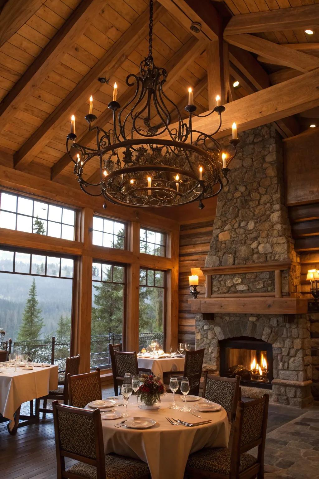 A stunning wrought iron chandelier illuminates the rustic lodge dining area.