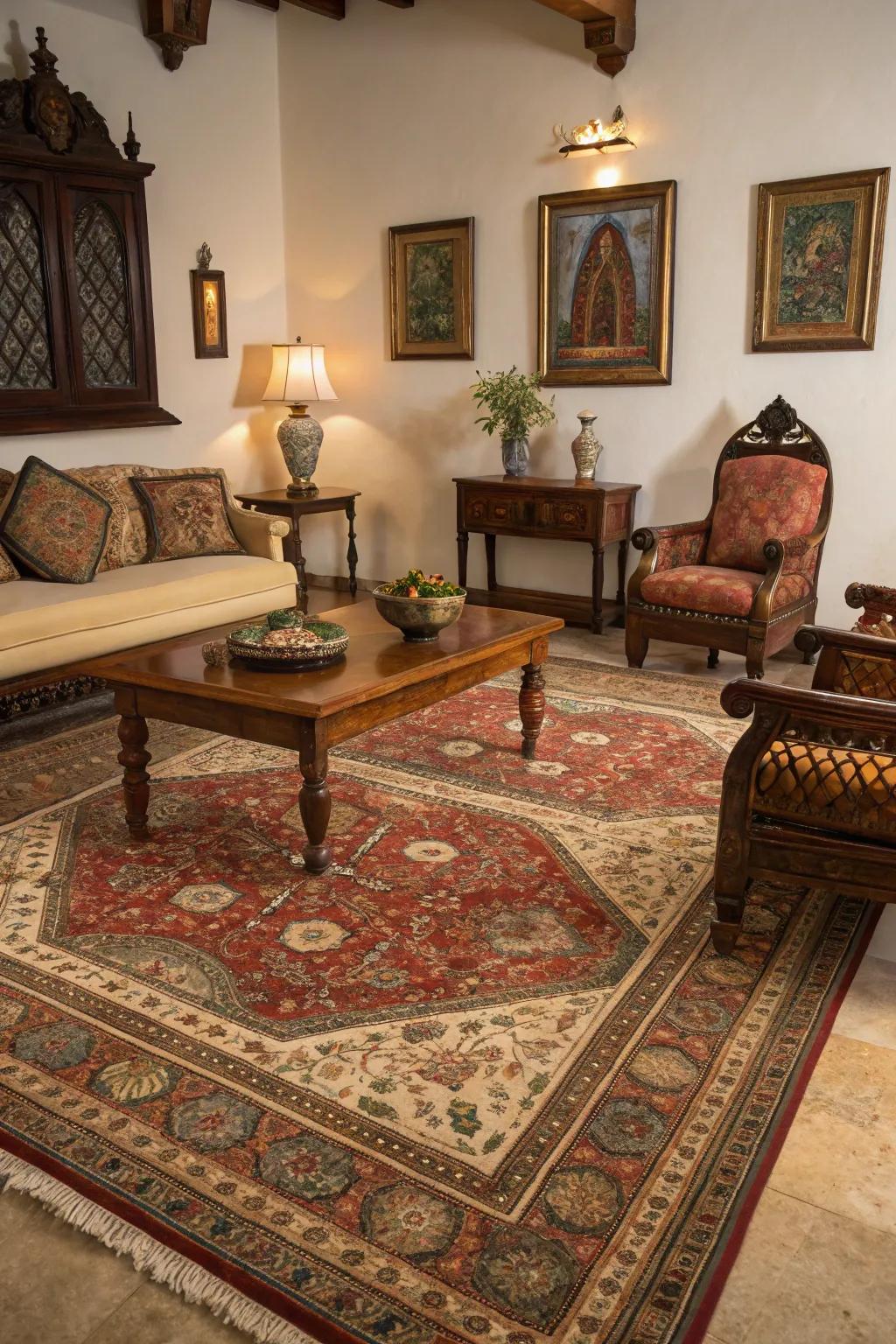 Period rugs anchor spaces with historic patterns.