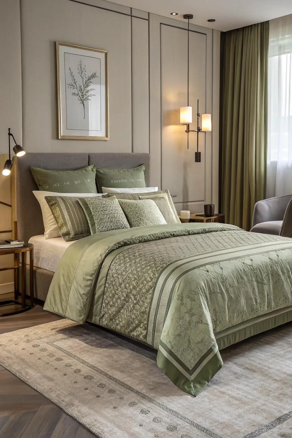 Patterned deep moss green bedding infuses elegance and appeal.