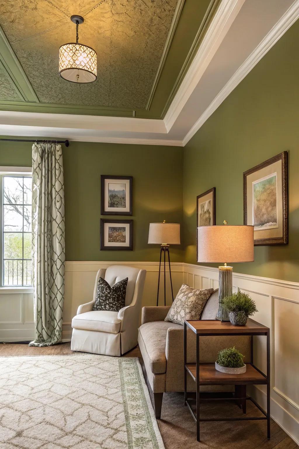 A forest green ceiling adds a unique touch to the space.