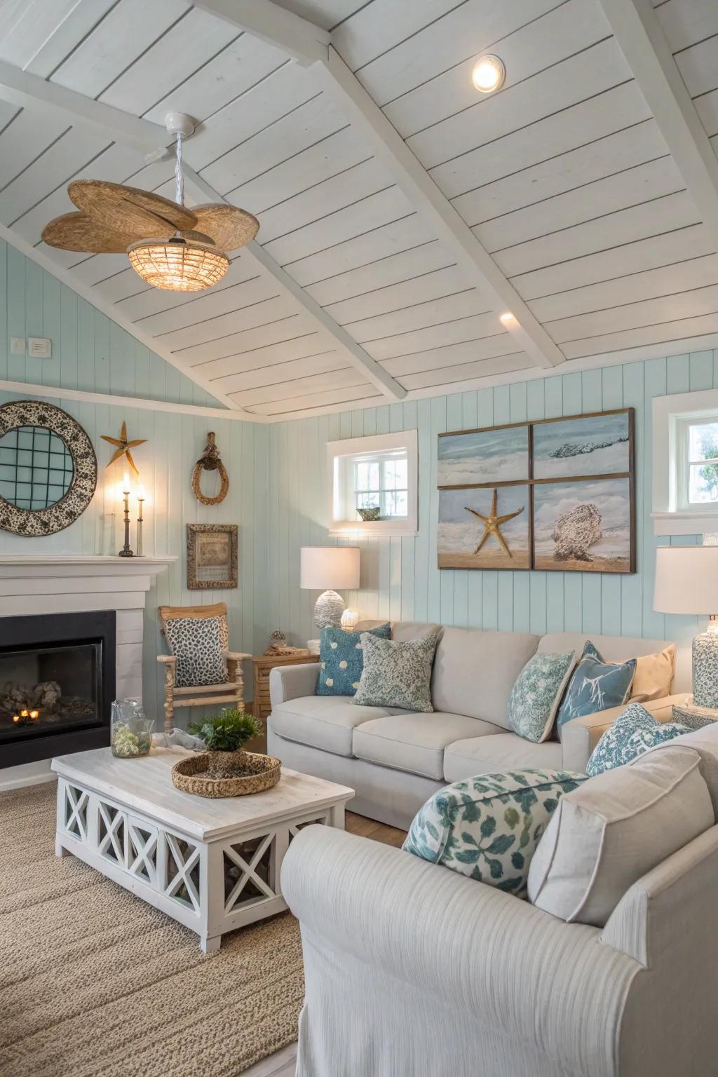 A charming living space featuring a shiplap ceiling that evokes a cozy atmosphere.