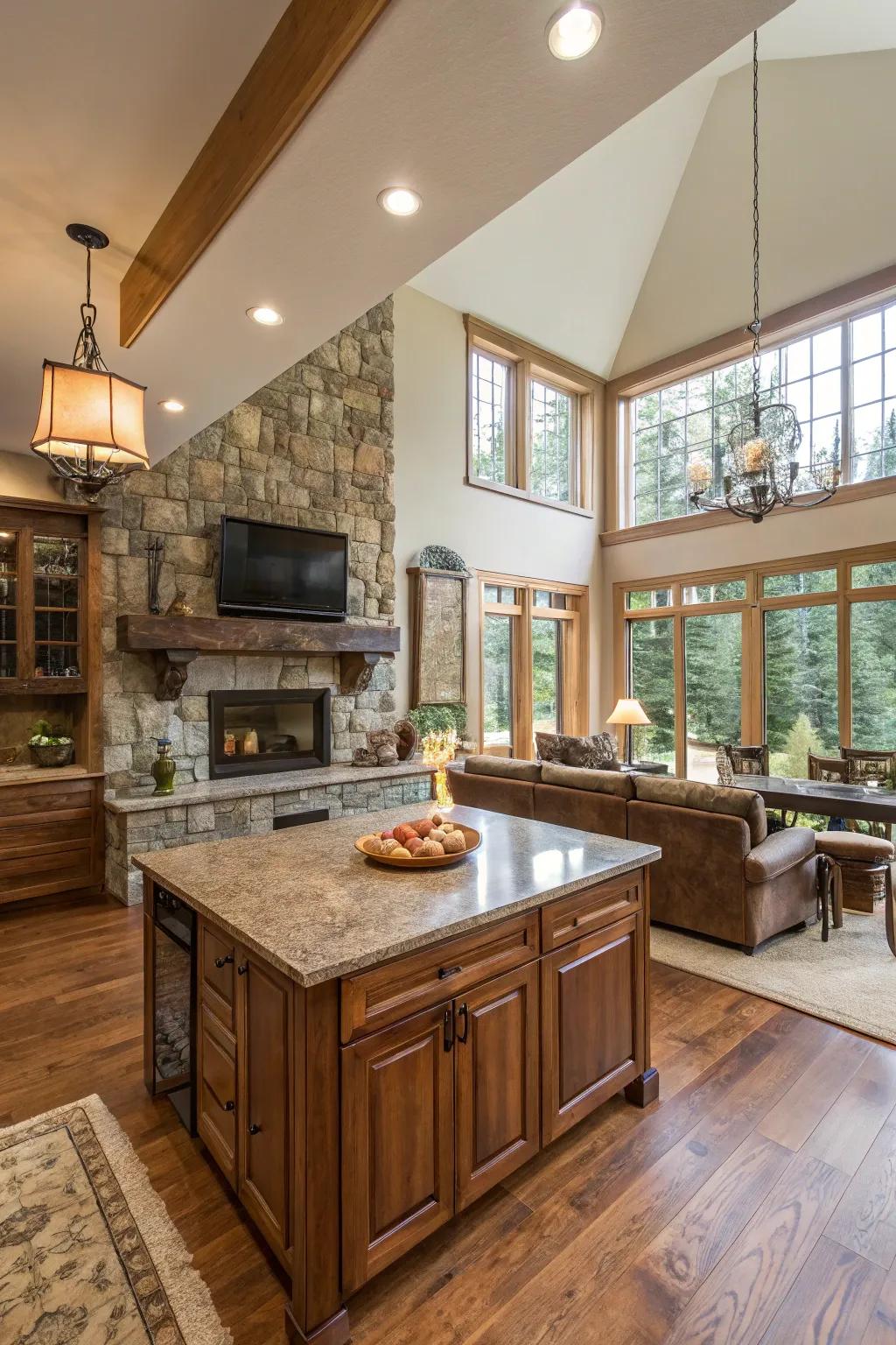 Organic materials enhance the warmth and texture of an open-concept room.