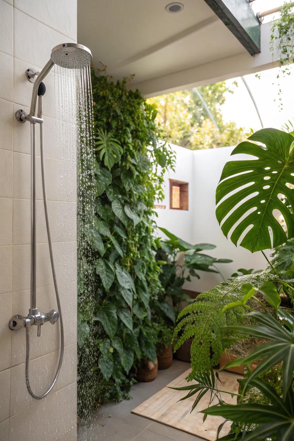 House plants bring life and nature into your open shower.