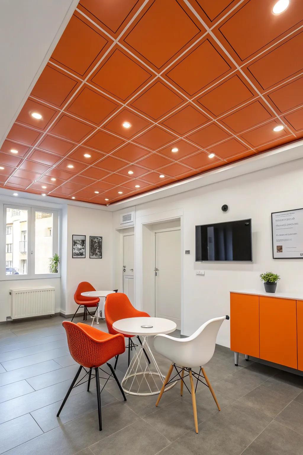 An tangerine ceiling brings unexpected drama to a sleek, modern room.