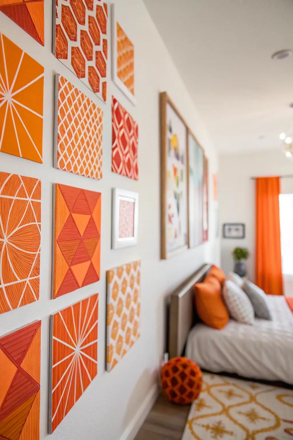 Geometric orange artwork adds a modern focal point.