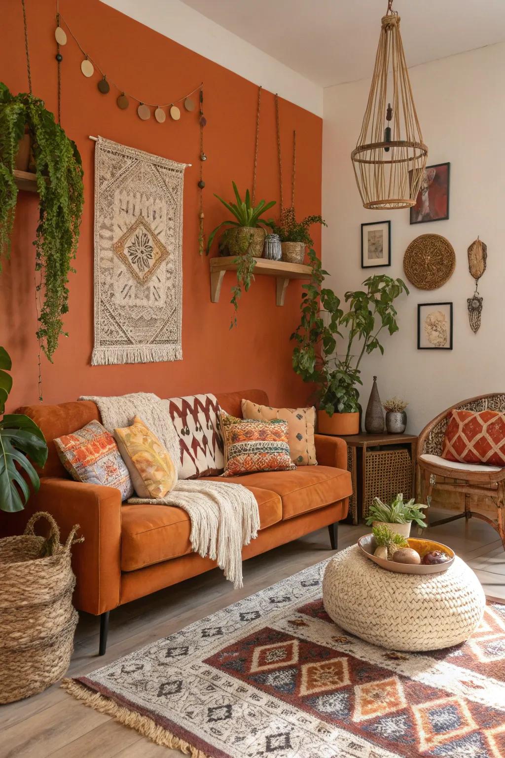 Orange and bohemian elements create an inviting and character-filled family room.