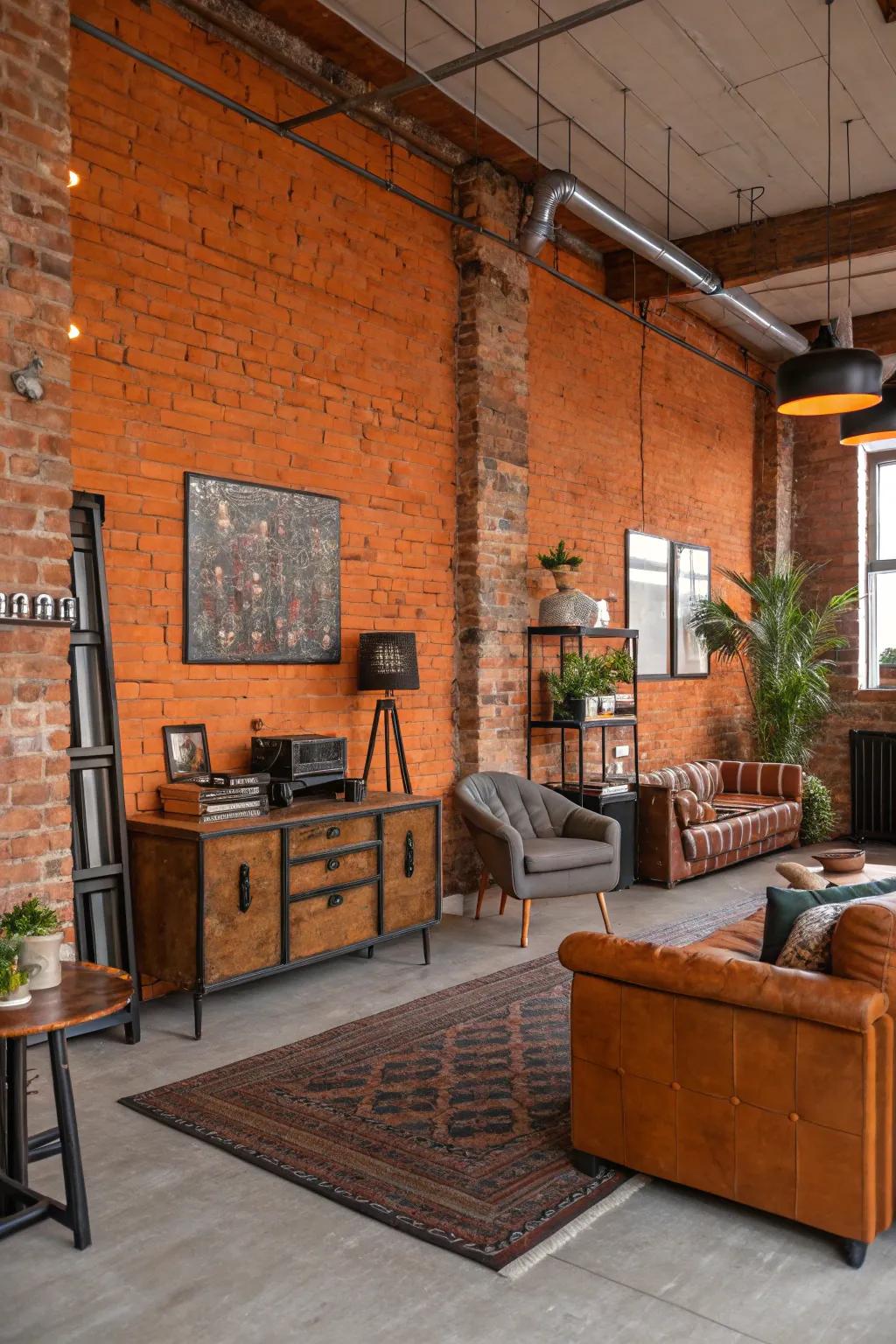 A loft space enhanced by the rustic charm of an orange brick wall.