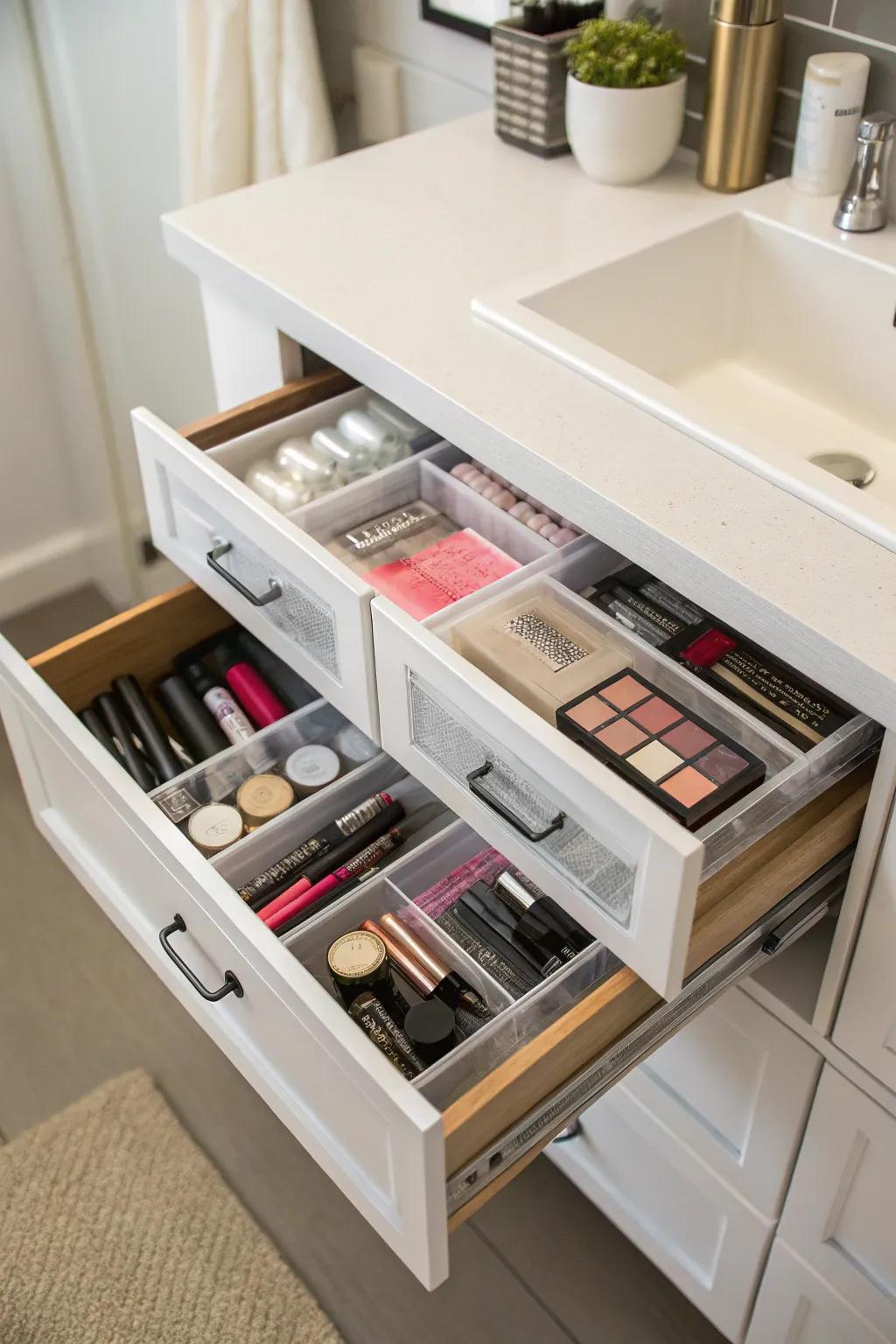 Drawer inserts assist in keeping small items well-organized.