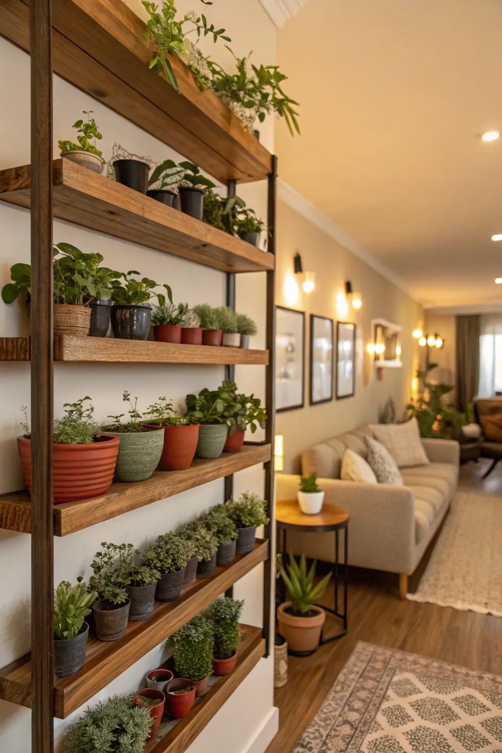 Vertical garden shelves bring outdoor elements inside